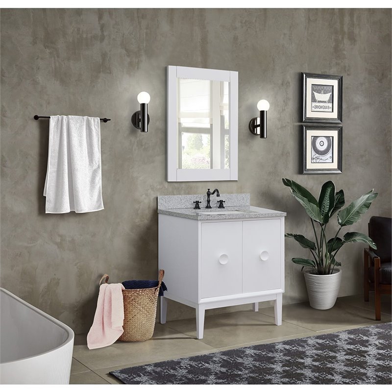 Stora Rectangle Sink Solid Wood Vanity with Gray Granite Stone Top in White