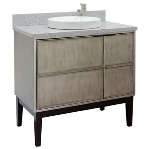Scandi 37&quot Single Round Sink Vanity in Linen Brown/Gray Granite Stone