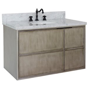 Scandi Wall Mount Oval Sink Solid Wood Vanity in Brown/White Carrara