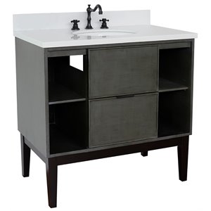 Scandi Oval Sink Solid Wood Vanity with White Quartz Stone Top in Linen Gray