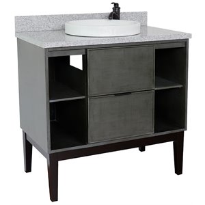 Scandi 37&quot Round Sink Vanity with Gray Granite Stone Top in Linen Gray