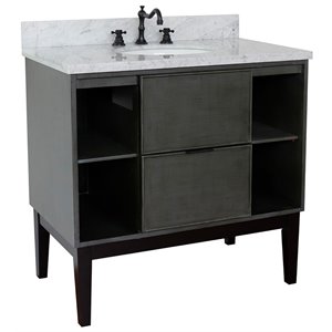 Scandi Solid Wood Oval Sink Vanity with White Carrara Top in Linen Gray
