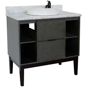 Scandi Solid Wood Single Round Sink Vanity with White Carrara Top in Gray