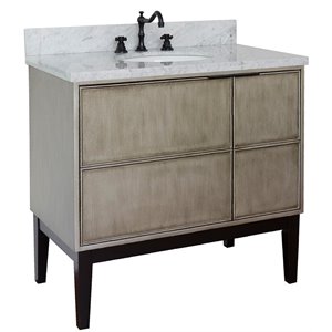 Scandi 37&quot Solid Wood Single Oval Sink Vanity in Linen Brown/White Carrara