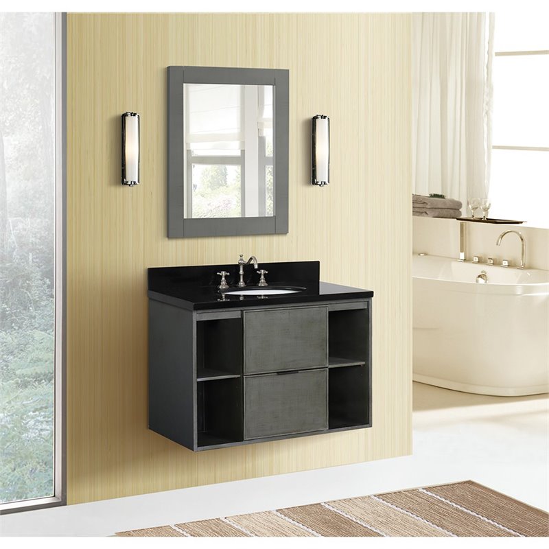 Scandi Solid Wood Single Wall Mount Oval Sink Vanity in Linen Gray/Black