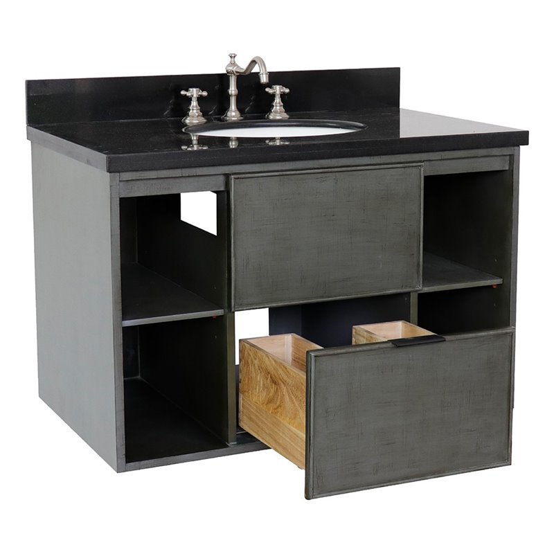 Scandi Solid Wood Single Wall Mount Oval Sink Vanity in Linen Gray/Black