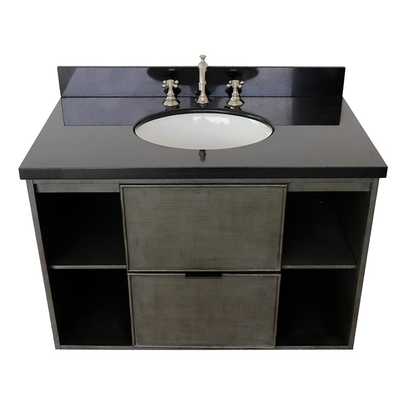 Scandi Solid Wood Single Wall Mount Oval Sink Vanity in Linen Gray/Black