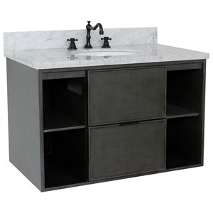 Scandi Solid Wood Single Wall Mount Oval Sink Vanity in Linen Gray/White