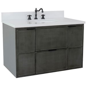 Scandi 37&quot Wall Mount Oval Sink Solid Wood Vanity in Linen Gray/White