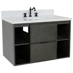 Scandi 37&quot Wall Mount Oval Sink Solid Wood Vanity in White/Linen Gray