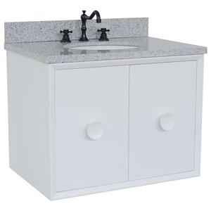Stora 31&quot Wall Mount Oval Sink Solid Wood Vanity in White/Gray Granite Stone