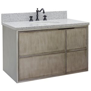 Scandi Wall Mount Oval Sink Solid Wood Vanity in Brown/Gray Granite Stone