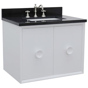 Stora Solid Wood Wall Mount Rectangle Sink Vanity with Black Top in White