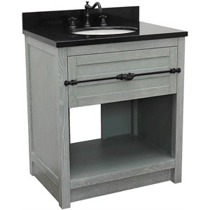 Plantation 31&quot Solid Wood Single Oval Sink Vanity in Gray Ash/Black Galaxy