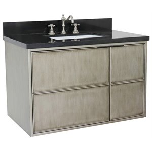 Scandi Solid Wood Wall Mount Rectangle Sink Vanity with Black Top in Brown