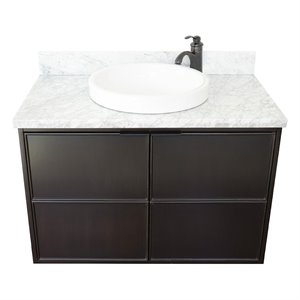 Scandi Solid Wood Wall Mount Round Sink Vanity in Cappuccino/White Carrara