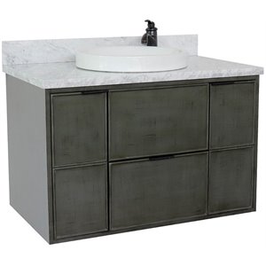 Scandi Solid Wood Wall Mount Round Sink Vanity in Linen Gray/White Carrara