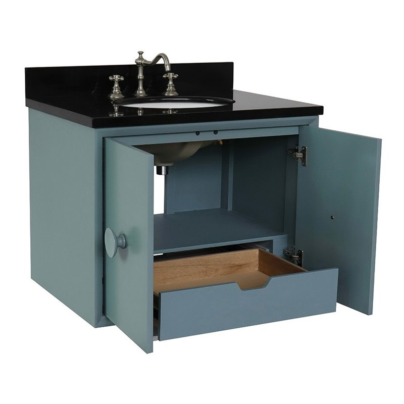 Stora Solid Wood Wall Mount Oval Sink Vanity with Black Galaxy Top in Blue