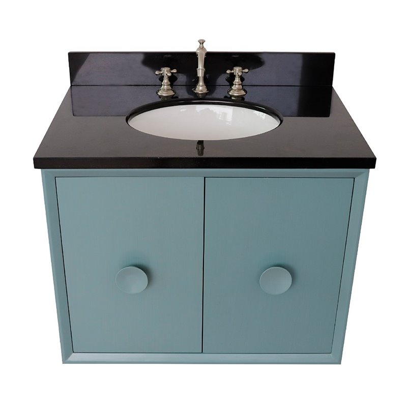 Stora Solid Wood Wall Mount Oval Sink Vanity with Black Galaxy Top in Blue