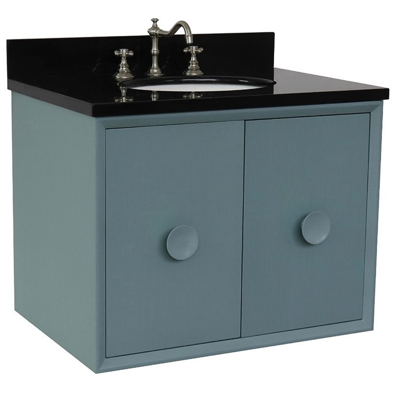 Stora Solid Wood Wall Mount Oval Sink Vanity with Black Galaxy Top in Blue