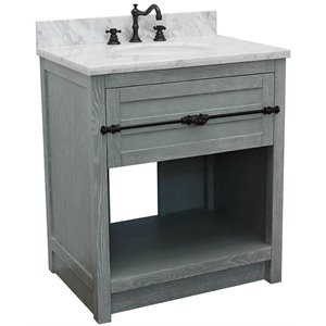 Plantation 31&quot Solid Wood Single Oval Sink Vanity in Gray Ash/White Carrara