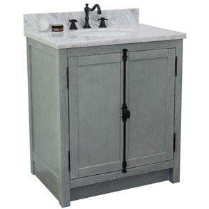Plantation 31&quot Solid Wood Single Oval Sink Vanity in White Carrara/Gray Ash