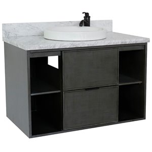Scandi Solid Wood Single Wall Mount Round Sink Vanity in Gray/White Carrara