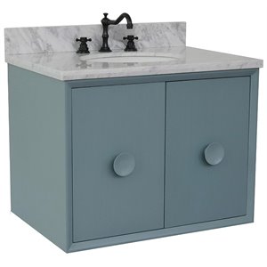 Stora Solid Wood Wall Mount Oval Sink Vanity with White Carrara Top in Blue
