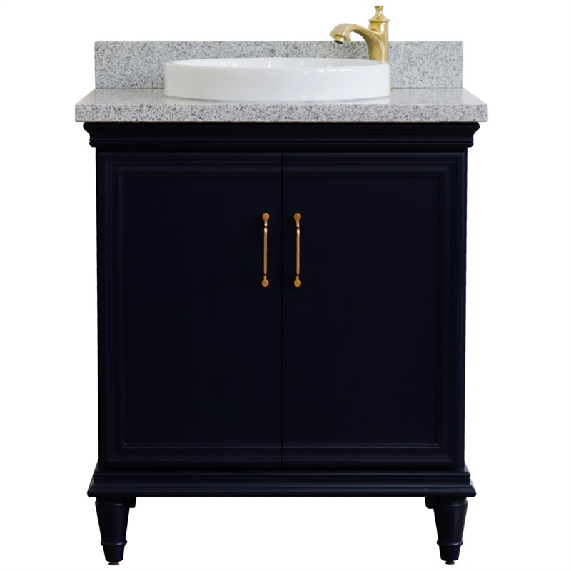 31 in. Single Wooden Vanity  Blue with Gray Granite Rectangle Sink