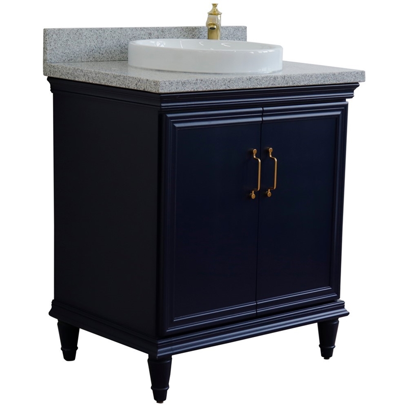 31 in. Single Wooden Vanity  Blue with Gray Granite Rectangle Sink