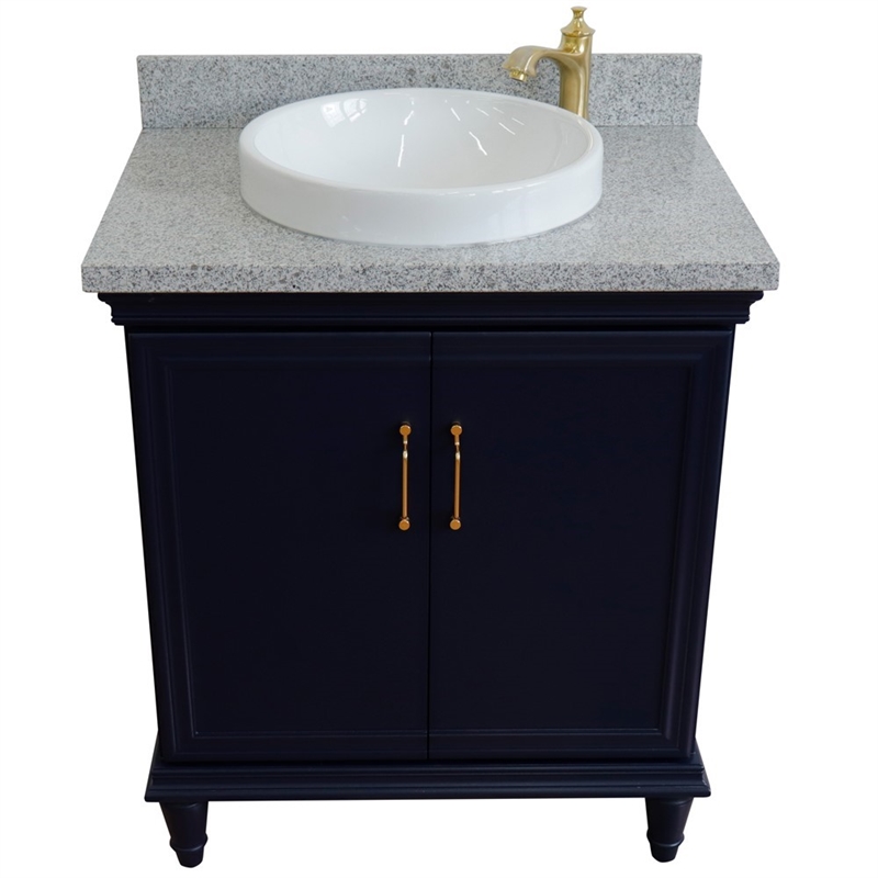31 in. Single Wooden Vanity  Blue with Gray Granite Rectangle Sink