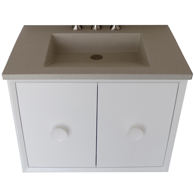 31 in. Single Wooden Vanity  White with White Concrete Top Rectangle Sink