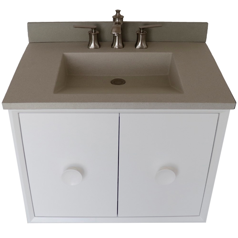 31 in. Single Wooden Vanity  White with White Concrete Top Rectangle Sink