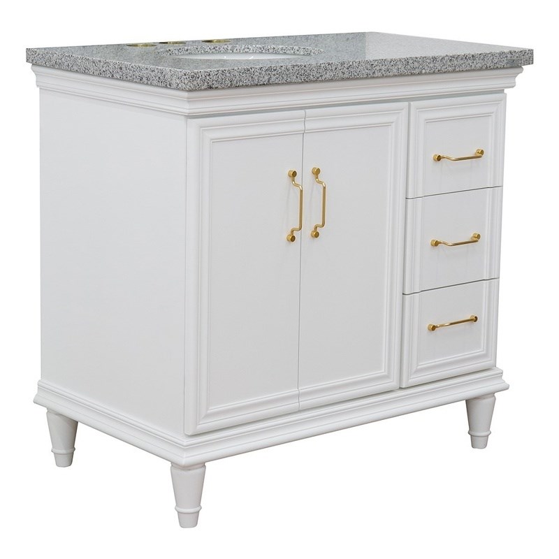 37 in. Single Wooden Vanity  White Gray Granite Oval Left Door.Left Sink