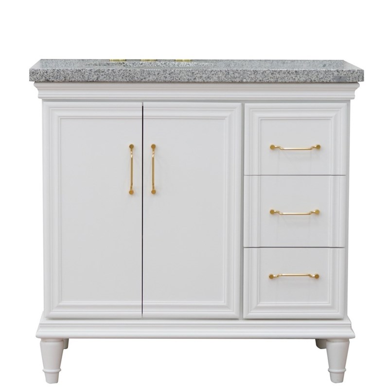 37 in. Single Wooden Vanity  White Gray Granite Oval Left Door.Left Sink