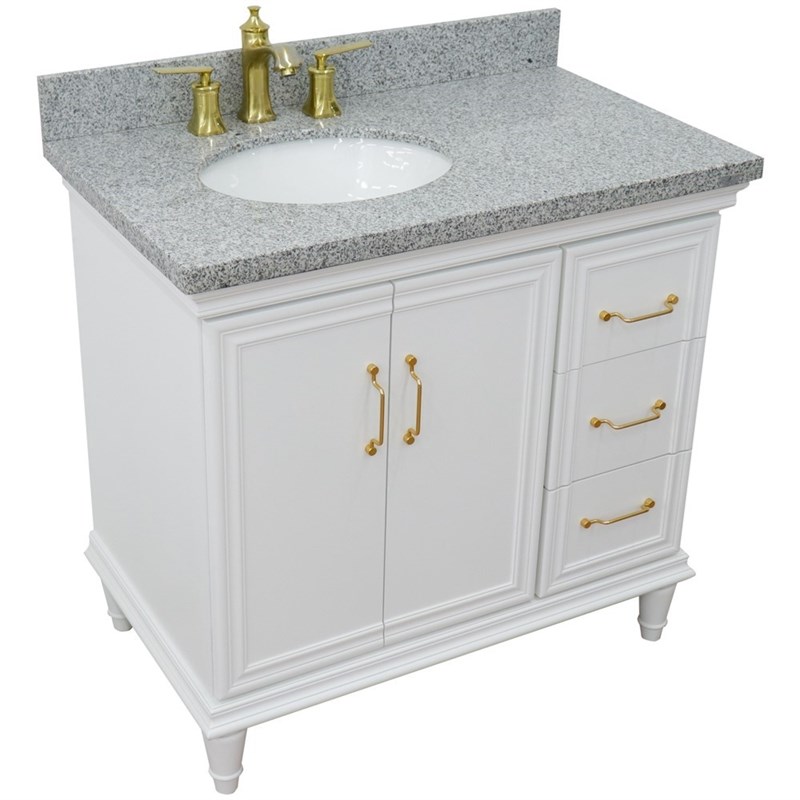 37 in. Single Wooden Vanity  White Gray Granite Oval Left Door.Left Sink