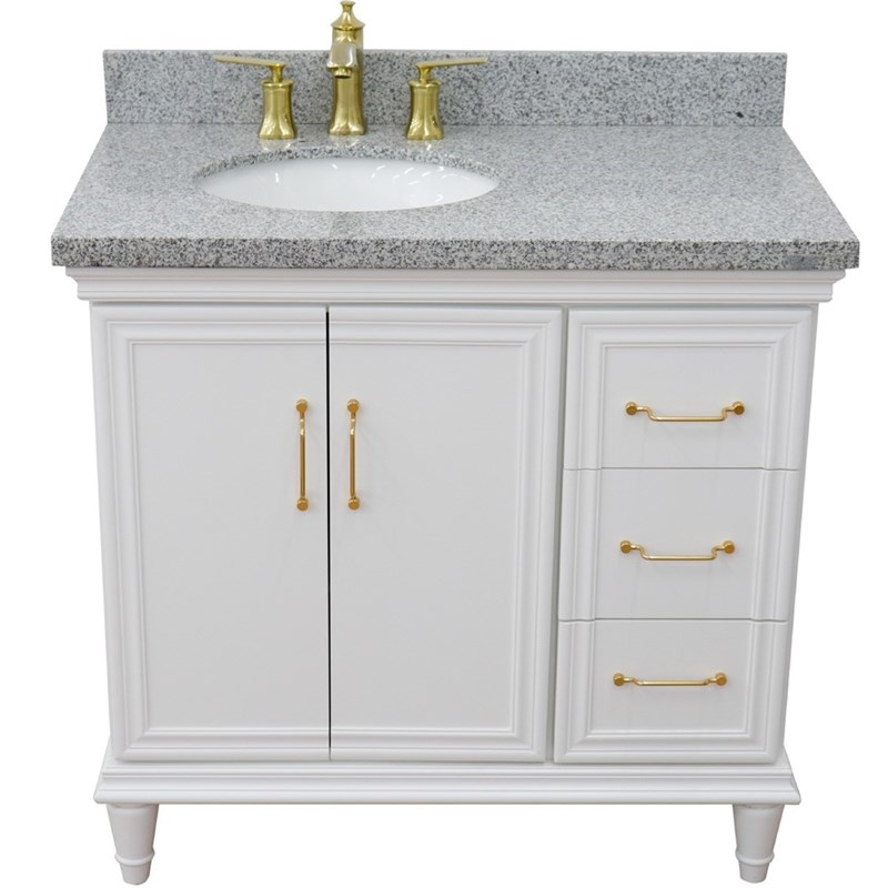 37 in. Single Wooden Vanity  White Gray Granite Oval Left Door.Left Sink