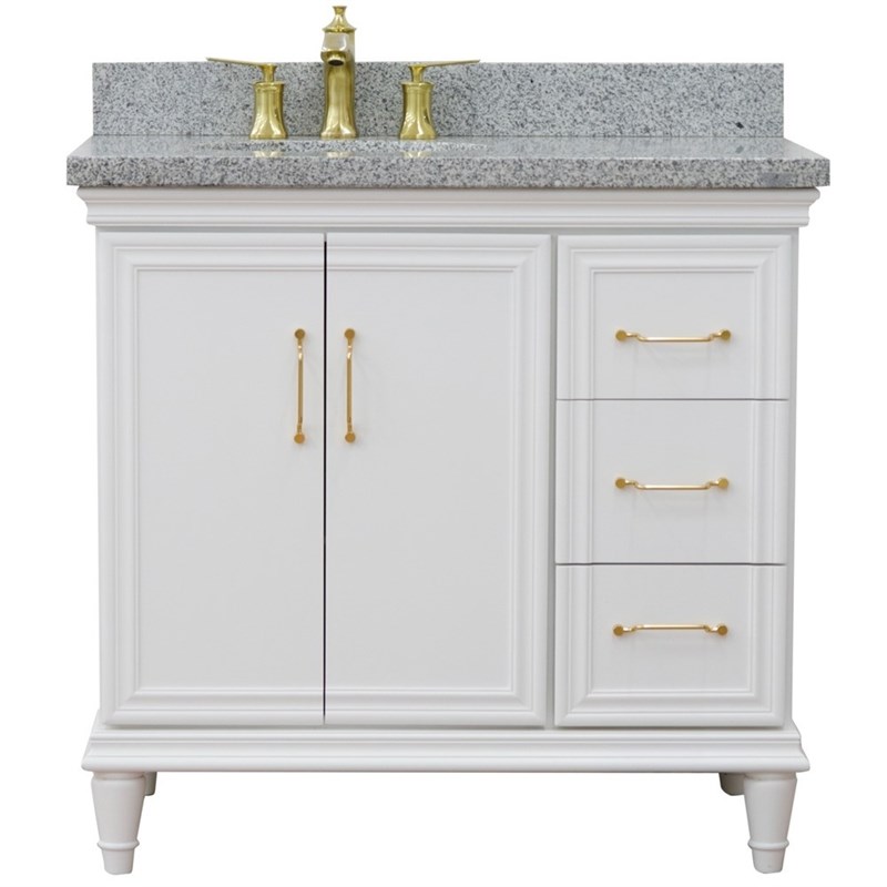 37 in. Single Wooden Vanity  White Gray Granite Oval Left Door.Left Sink