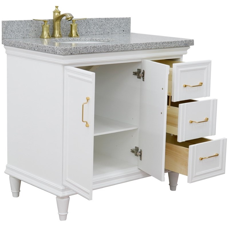 37 in. Single Wooden Vanity  White Gray Granite Oval Left Door.Left Sink