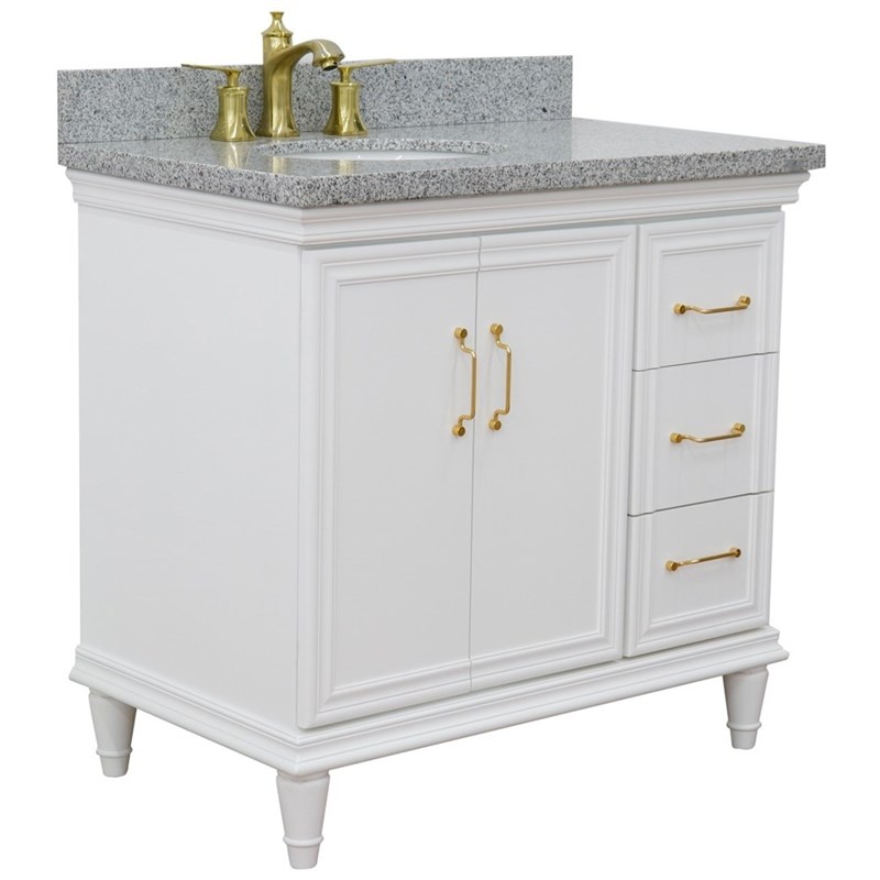 37 in. Single Wooden Vanity  White Gray Granite Oval Left Door.Left Sink
