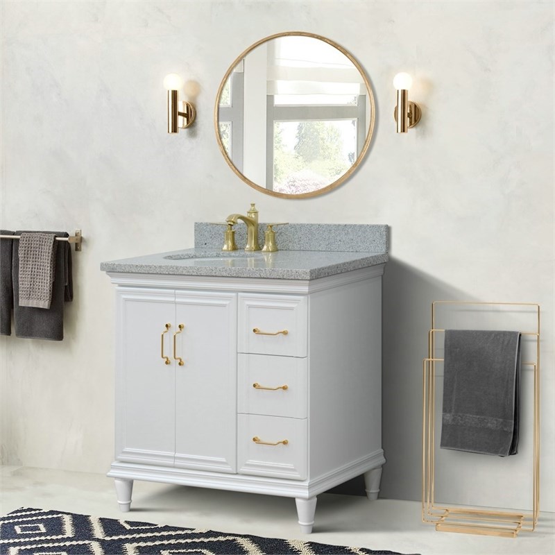 37 in. Single Wooden Vanity  White Gray Granite Oval Left Door.Left Sink