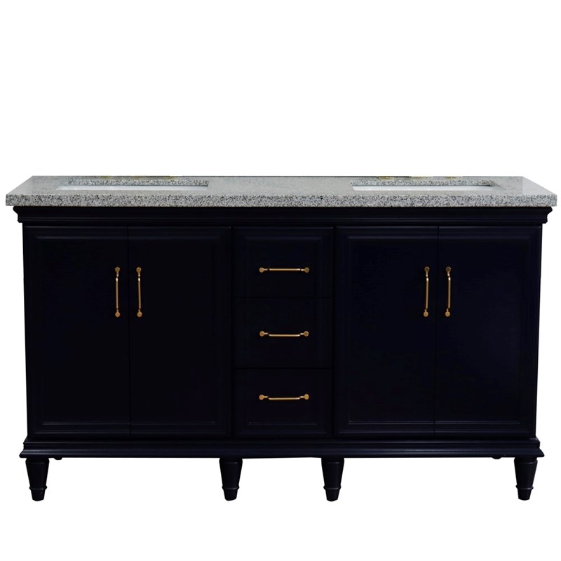 61 in. Double Wooden Vanity Blue Gray Granite Rectangle Sink
