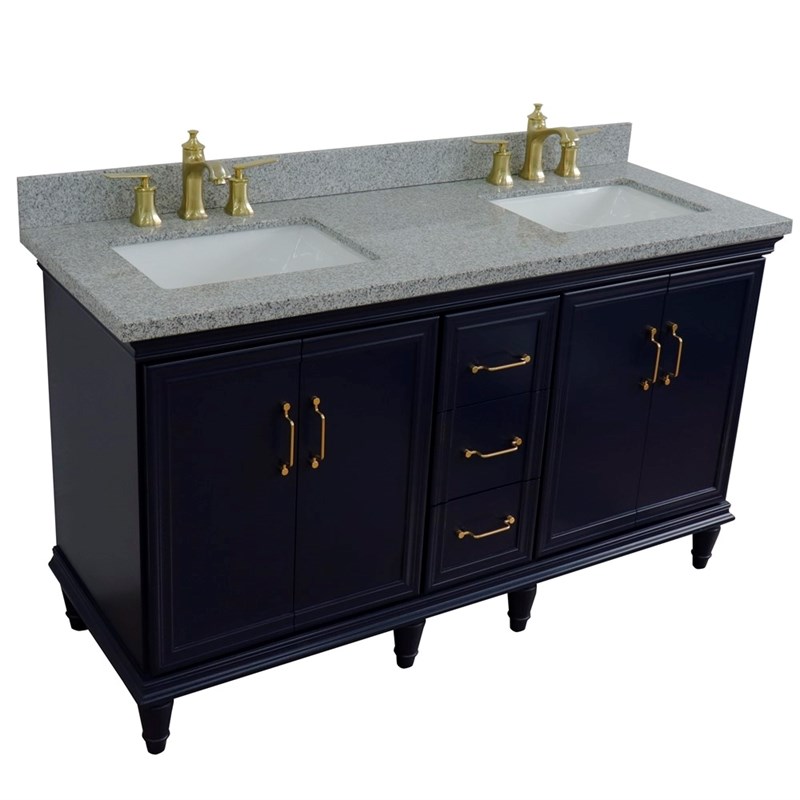 61 in. Double Wooden Vanity Blue Gray Granite Rectangle Sink