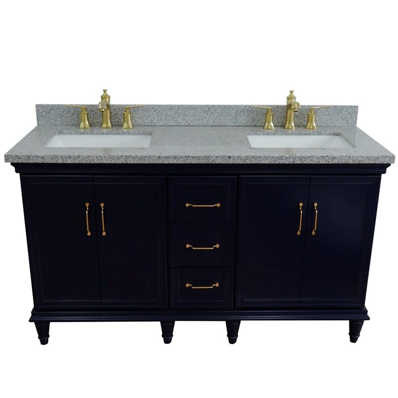 61 in. Double Wooden Vanity Blue Gray Granite Rectangle Sink
