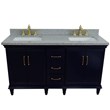 61 in. Double Wooden Vanity Blue Gray Granite Rectangle Sink