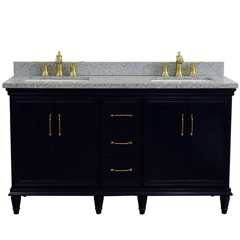 61 in. Double Wooden Vanity Blue Gray Granite Rectangle Sink