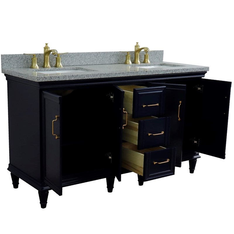 61 in. Double Wooden Vanity Blue Gray Granite Rectangle Sink