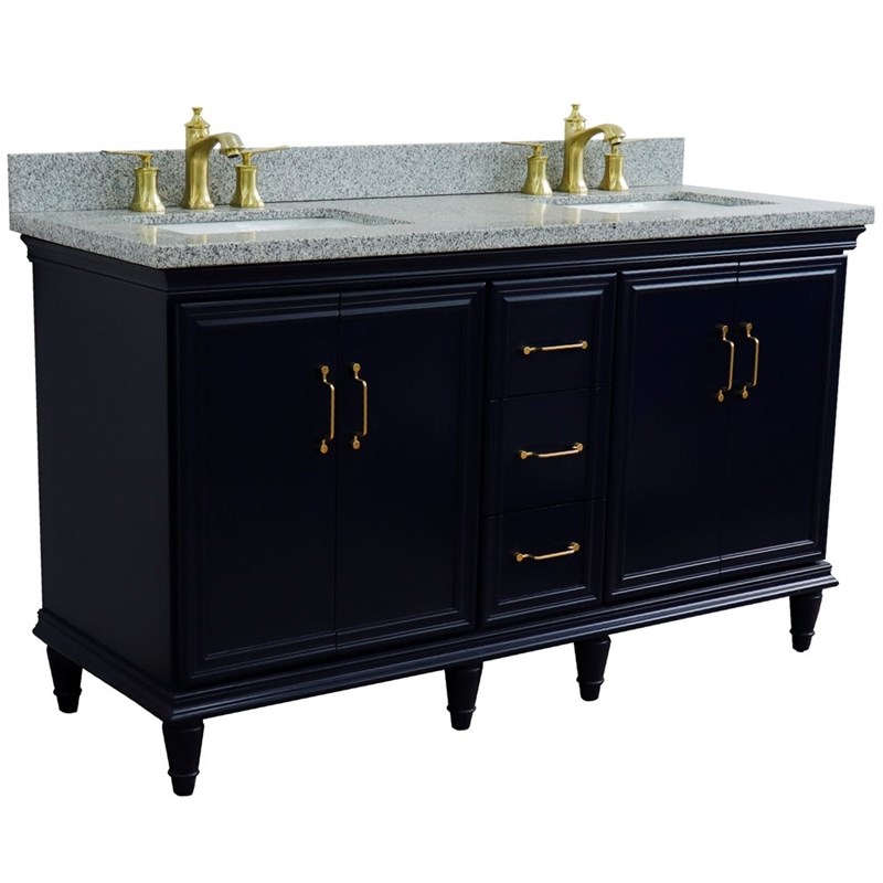 61 in. Double Wooden Vanity Blue Gray Granite Rectangle Sink