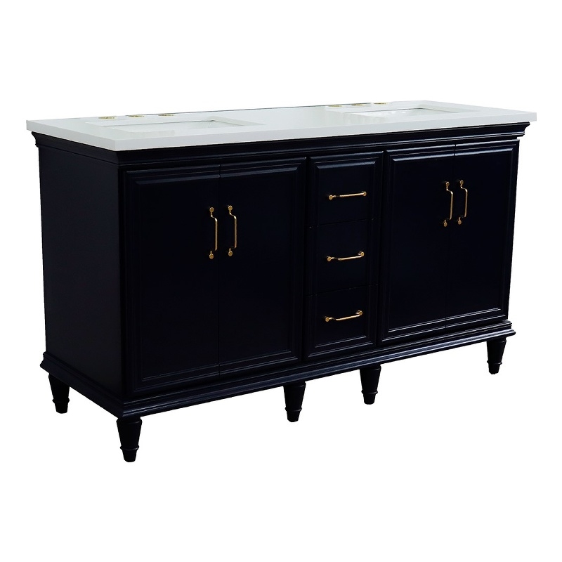 61 in. Double Wooden Vanity Blue White Quartz Rectangle Sink