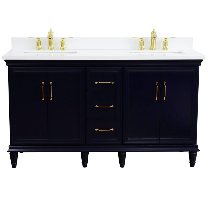 61 in. Double Wooden Vanity Blue White Quartz Rectangle Sink